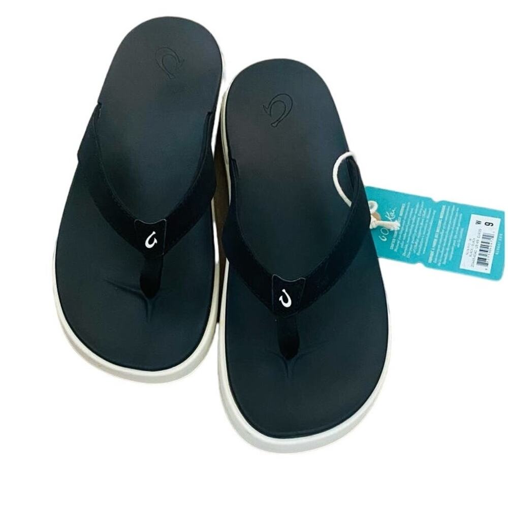 NWT OluKai Nu‘a Pi‘o Sandals Black Women’s Size 9 Flip Flops Thong Sandals